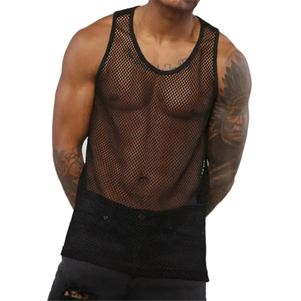 

Men Fishnet Gym Fitness Tank Tops Mesh Sheer Patchwork Transparent Vest Breathable Sleeveless Sexy Tanks Top Men Clothing Vests