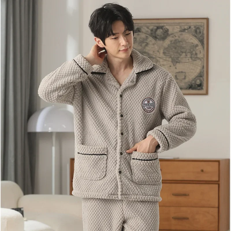 Fashion Design Pajamas Set Men Autumn Winter Flannel Thermal Lapel Coral Fleece Loungewear Suit Male Comfortable Warm Homewear cotton pajamas set