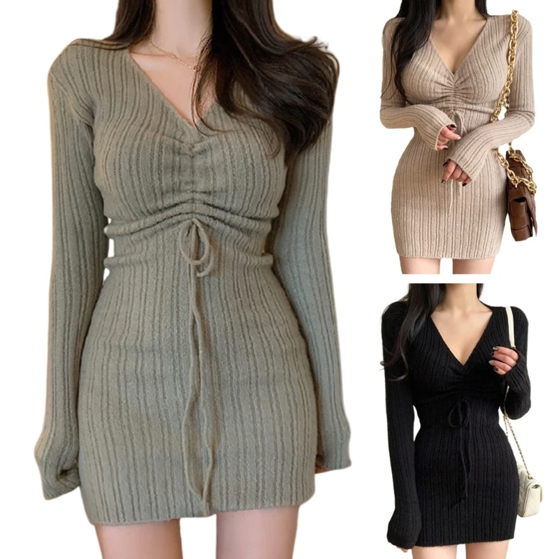 

Y166 Autumn Knitted Dress Womens Long Sleeve Deep V-Neck Solid Color Dress Streetwear