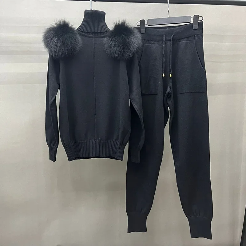 Women's Winter Knitted Sweater Pants Set Lady Fashion Tracking Suit Sweater Fox Fur Shoulder Stand Collar Pullover 3