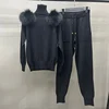 Women's Winter Knitted Sweater Pants Set Lady Fashion Tracking Suit Sweater Fox Fur Shoulder Stand Collar Pullover 3