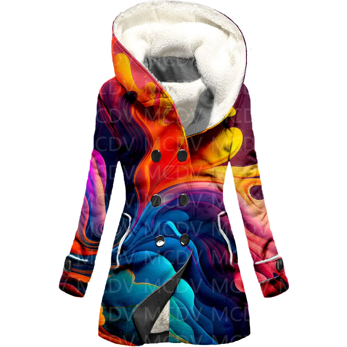 Retro Geometry 3D Printing Fleece Hooded Cloak Women Thick Warm Coat Women's Winter Warm Overcoat 01