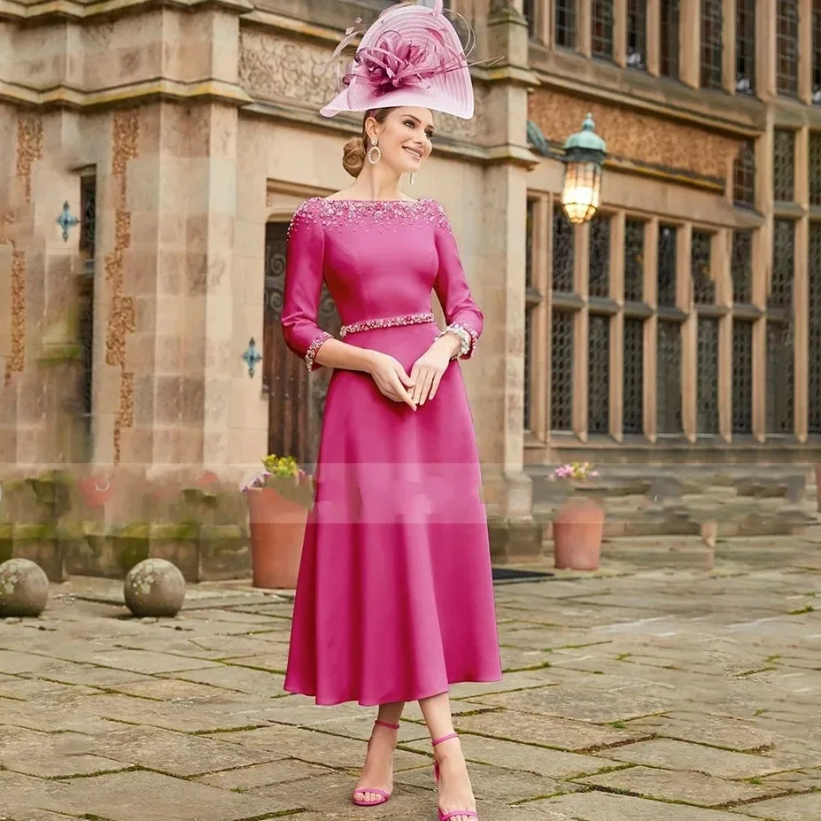 

Grape Purple Mother of the Bride Dress Jewel Neck 3/4 Sleevess Wedding Guest Party Gowns Beads Tea-Length A-Line Robe De Fete De