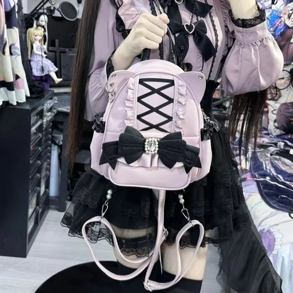 Korean Fashion Y2k Punk Backpack Lace Bow Cat Ear Lotus Lace Decoration Lolita Backbag PU Leather Large Capacity Women Backpack