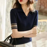 Short Sleeve Polo Shirts Woman Aesthetic Hot Black Women Vintage Sweatshirt Flower Knitted Korean Shirt High Quality Top Cotton - Image 2