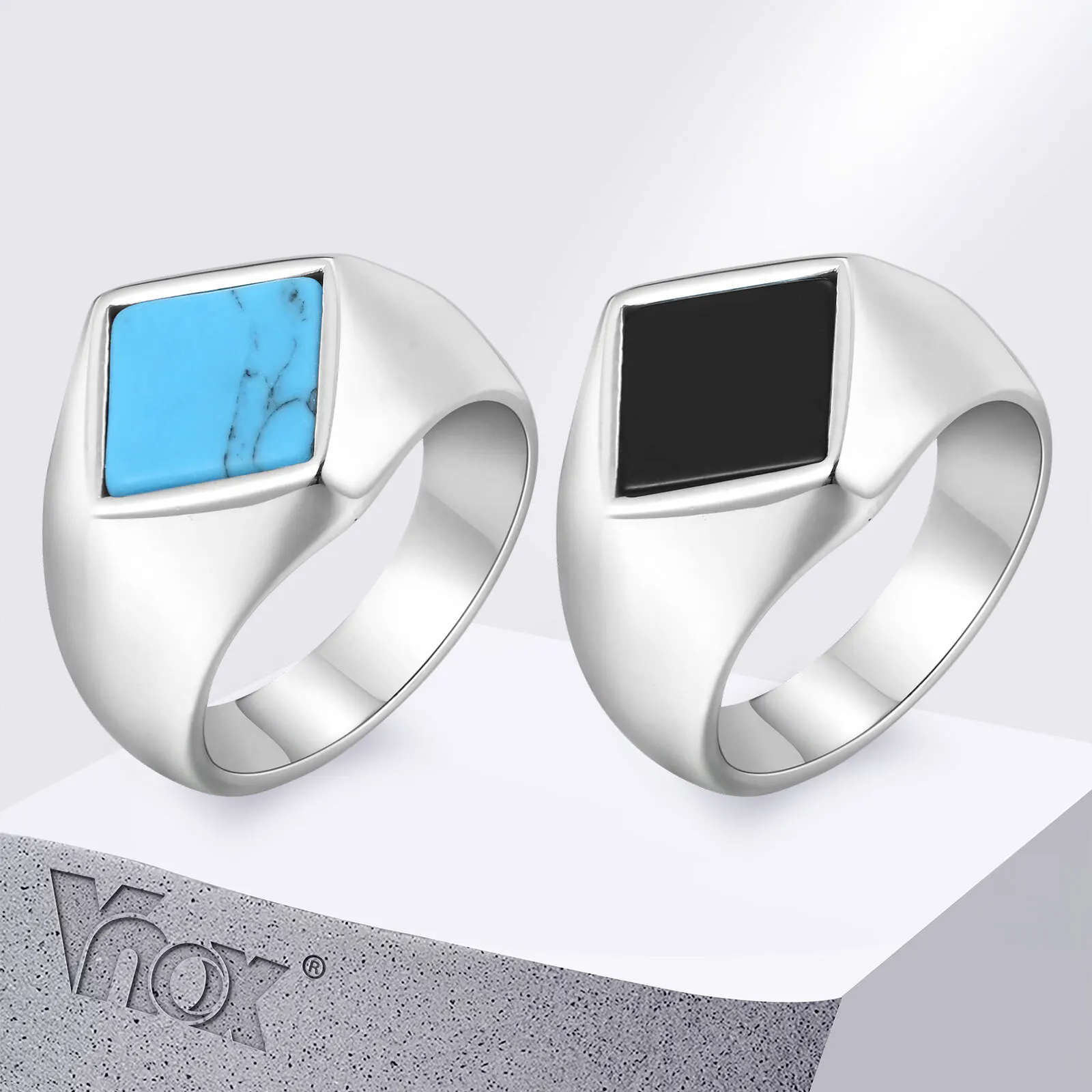 Vnox Edelstahl Türkis Schwarz Onyx Geometrischer Ring für Männer, Punk-Siegelring, Schmuckgeschenk zum Geburtstag, Valentinstag
