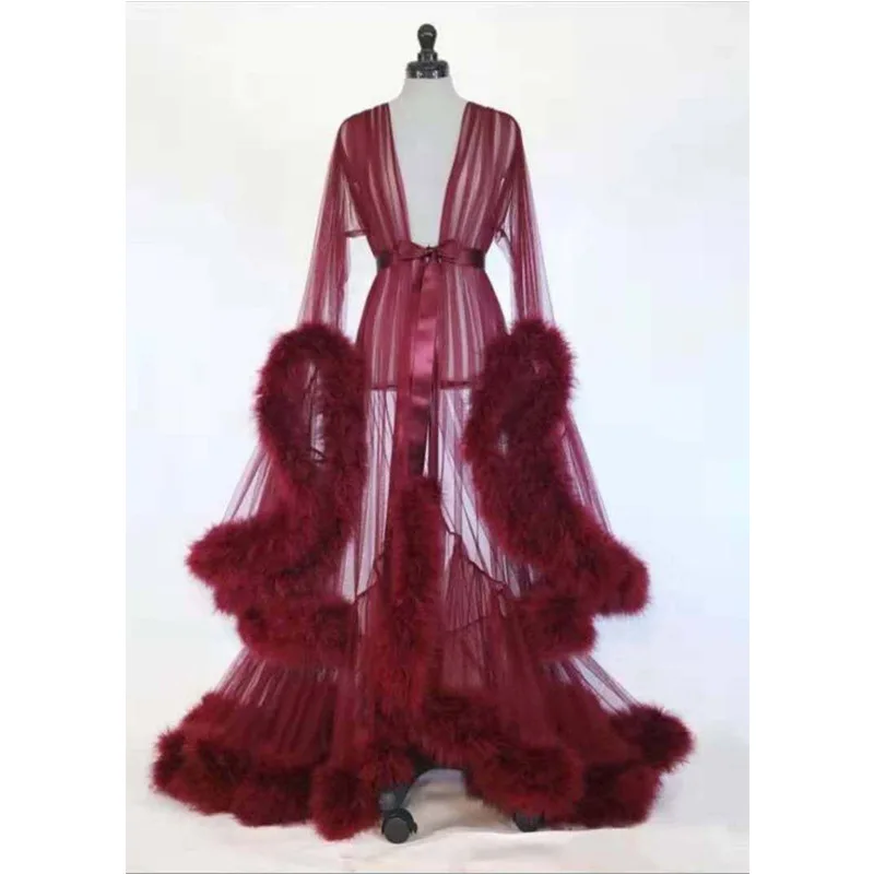 

Sexy Lingerie Perspective Robes for Women Feather Trumpet Sleeve Trailing Long Night Dress Luxury Temptation Nightgown Suit 2023