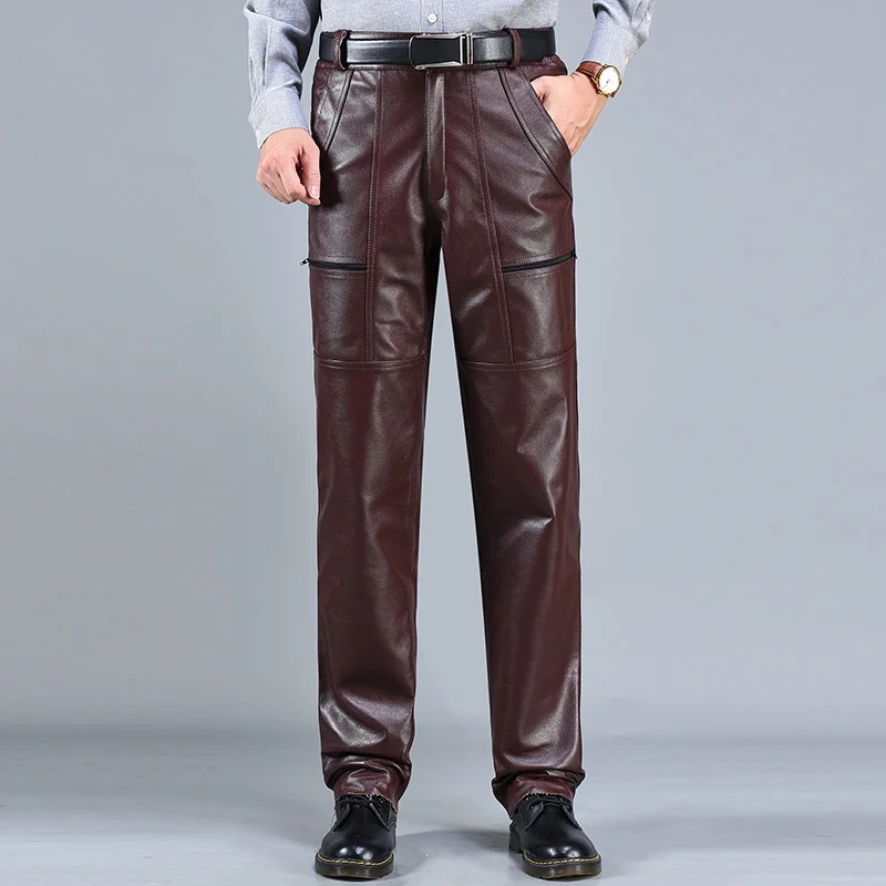 

Men's Leather Pants Autumn Winter Warm Thicken High Waist Real Cowhide Pants Male Genuine Leather Trousers Punk Motorcycle Pants