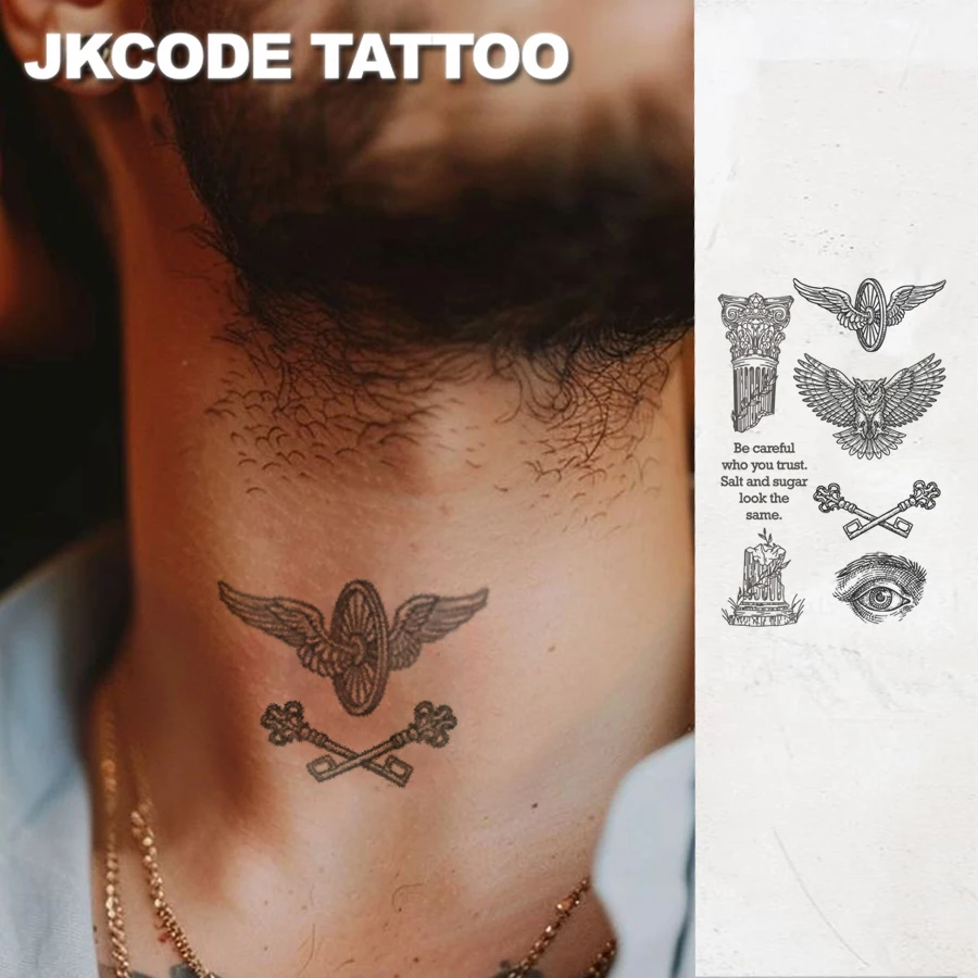 Waterproof Semi-permanent Tattoos,Roman Pillar, Flywheel, Owl