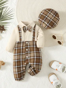 Two-Piece Baby Boy 1-24m Lapel Suspenders With Bow Gentleman Jumpsuit And Holmes Hat Spring And Autumn 1