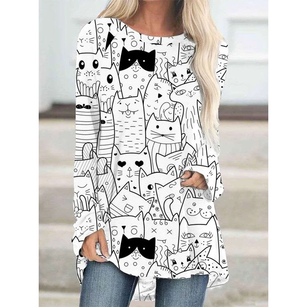 

CLOOCL New Women Long Sleeve T-Shirt Cartoon White Cat Pattern 3D Print Pullover Tee Irregular Hem Loose Casual Crew Neck Tops