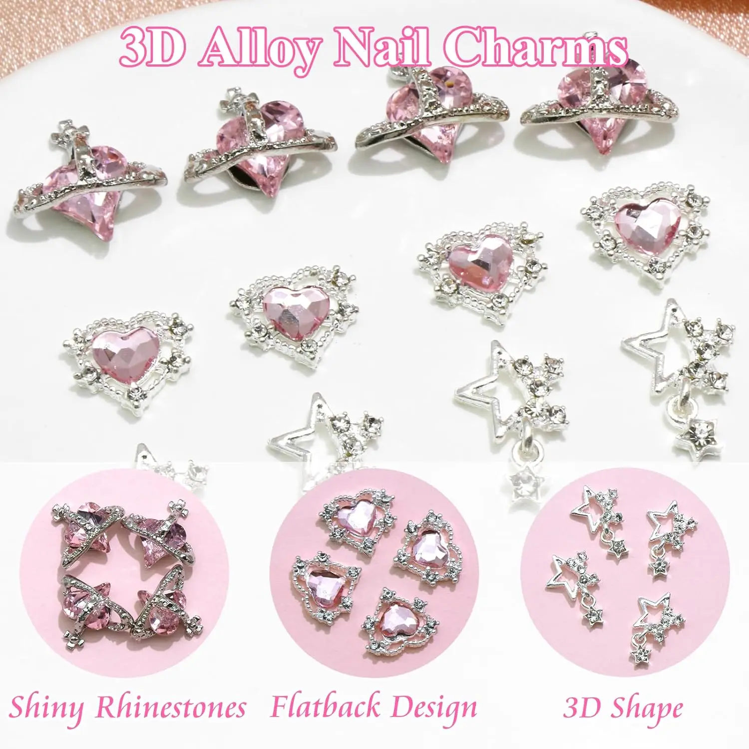 15PCS Nail Art Charms Crystal Heart Nail Charms Pink Shiny Planet Charms 3D Alloy Star Nail Charm Shiny Flatback Diamond Nail 3