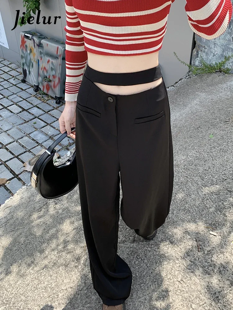 Jielur New Black Tie Up High Waist Loose Wide Leg Pants Spring Korean Fashion Lazy Style Women Straight Leg Casual Pants Female
