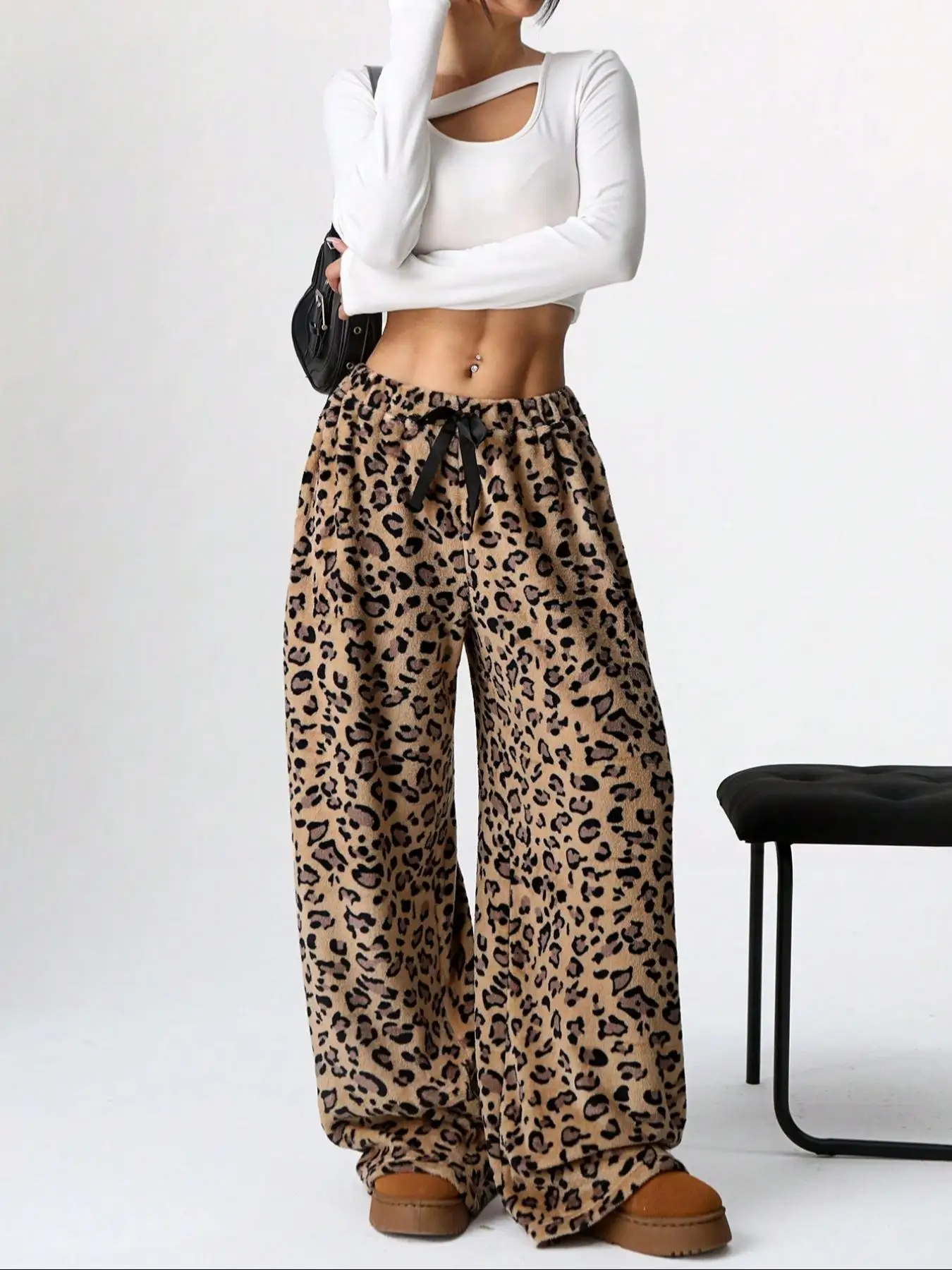 Women Casual Trousers Elastic Waistband Drawstring Tie Pajama Bottoms Leopard Print Wide Leg Lounge Pants