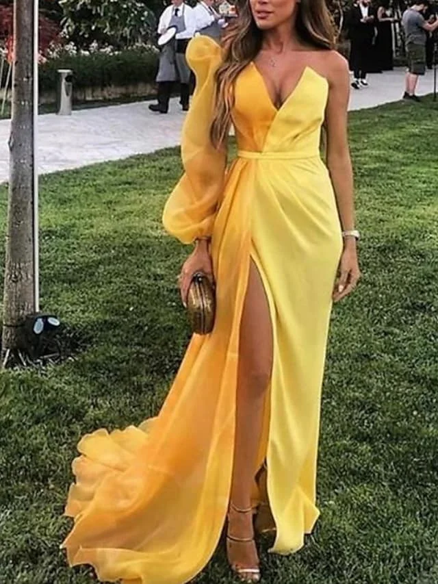 New Daffodil Arabic Dubai Formal Evening Dress 2022 V Neck One Long Sleeve Organza Prom Party Gowns Robe De Soiree Vestidos sexy ball gowns Evening Dresses