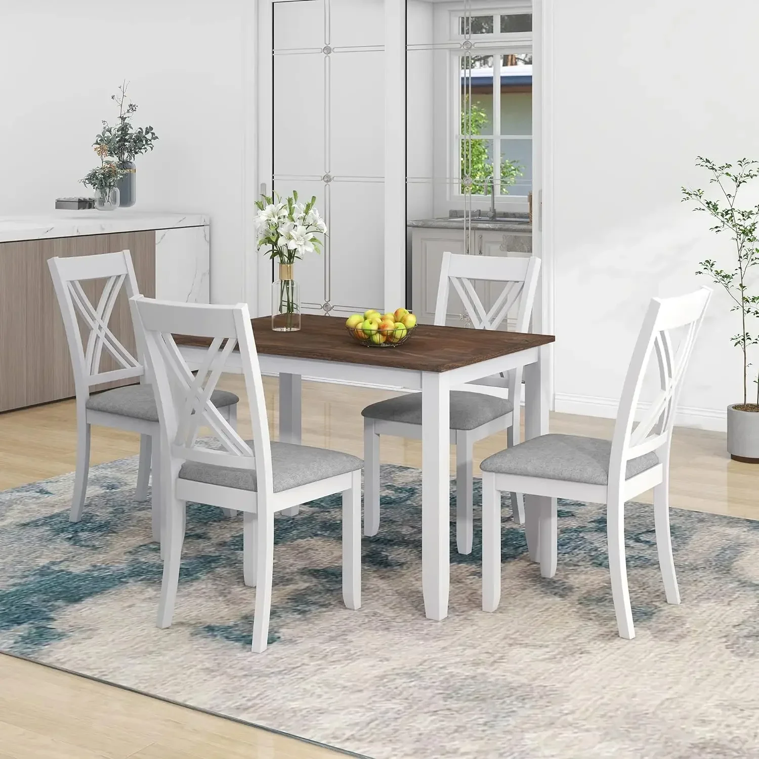 5 Piece Dining Room Table Set for Kitchen with Faux Marble Dining Table and 4 Upholstered-Seat Chairs,Living Room Furniture
