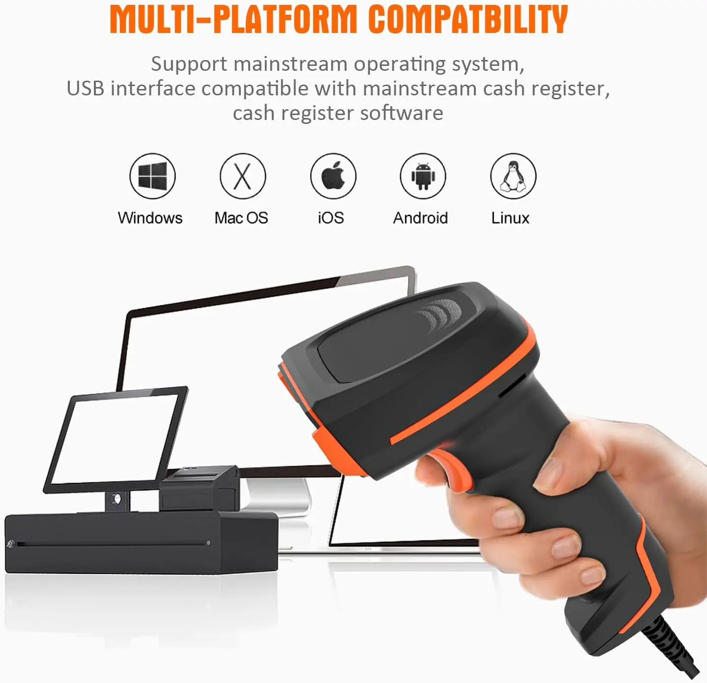 Handheld USB QR Barcode Scanner, HBAPOS Wired Automatic 1D 2D Image Bar Code Reader for Store, Supermarket