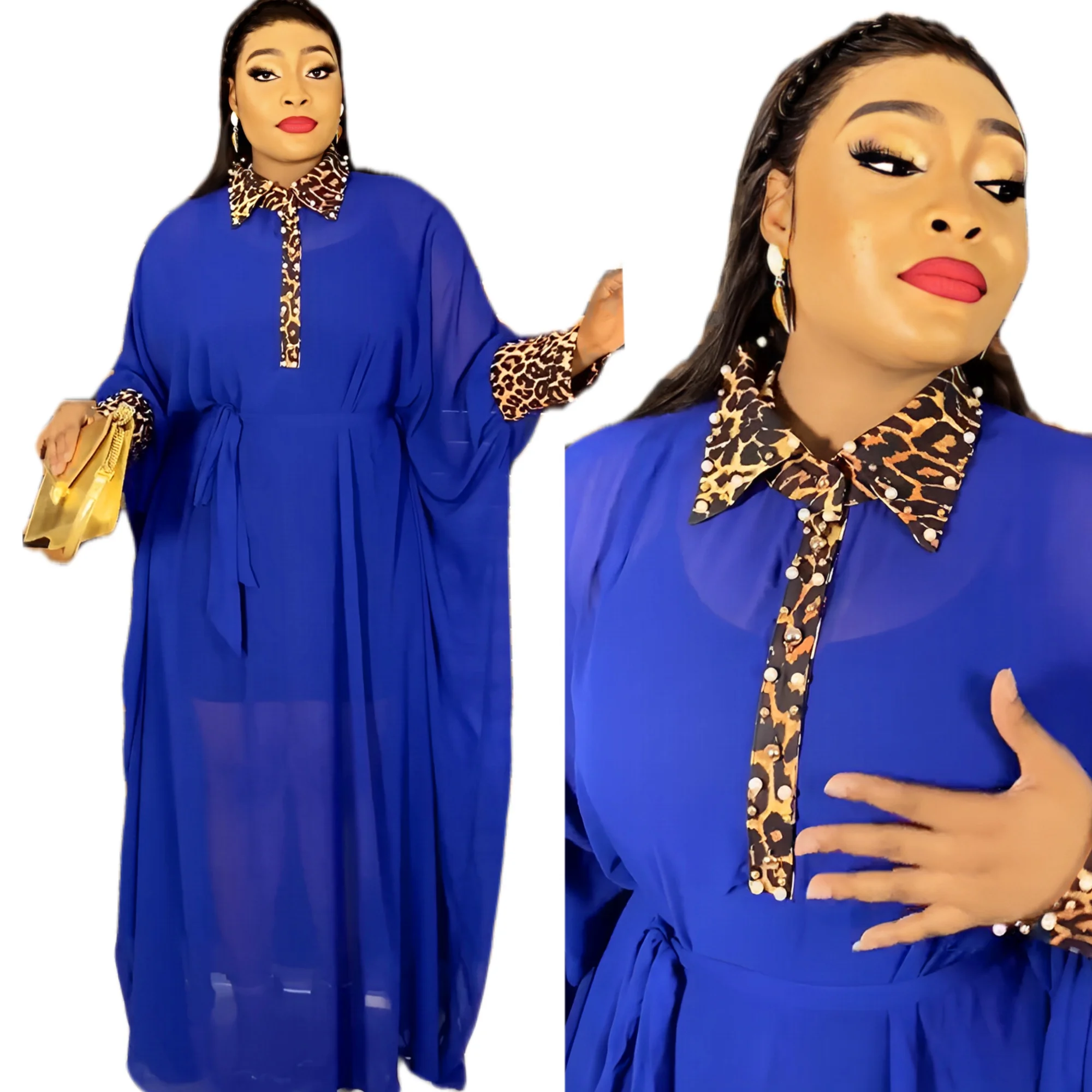 

2-piece Set Chiffon Pearl Studded Leopard Print Collar Cuffs Oversized Waistband Waistband African Fashion Women's Long Dress