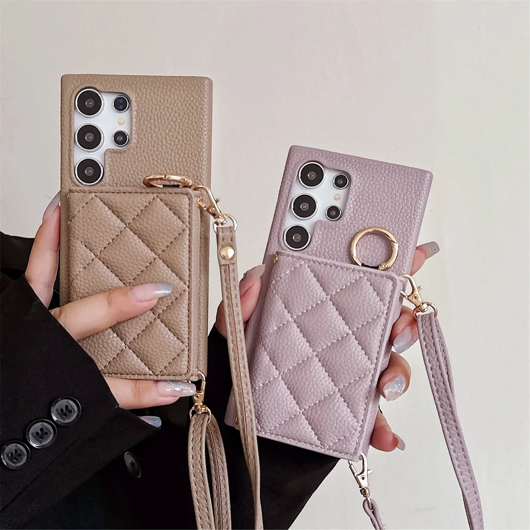 Luxury Crossbody 3D Grid Leather Card Slot Wallet Case with Mirror Makeup Cover