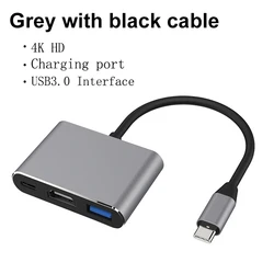 Enhanced USB-C Hub with 4K HDMI and USB 3.0 Charging Adapter (Grey Black Cable)