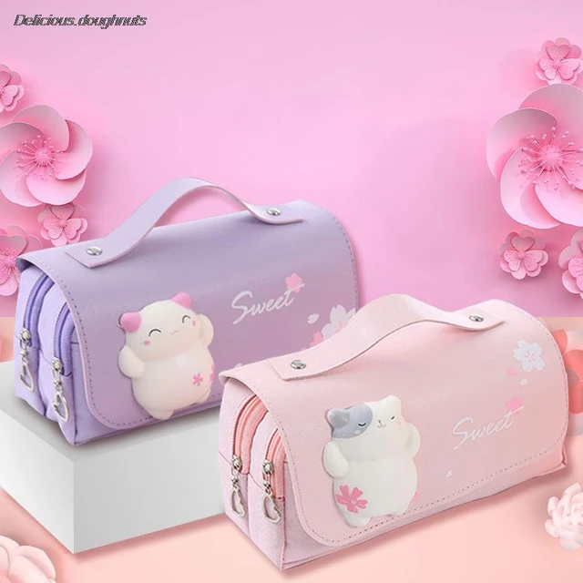 Pink Cat Pencil Case Kawaii Leather Pencil Bag Zipper Pencil Pouch Cute Pen  Bag Small Cosmetic Makeup Pouch Bag for Work & Office