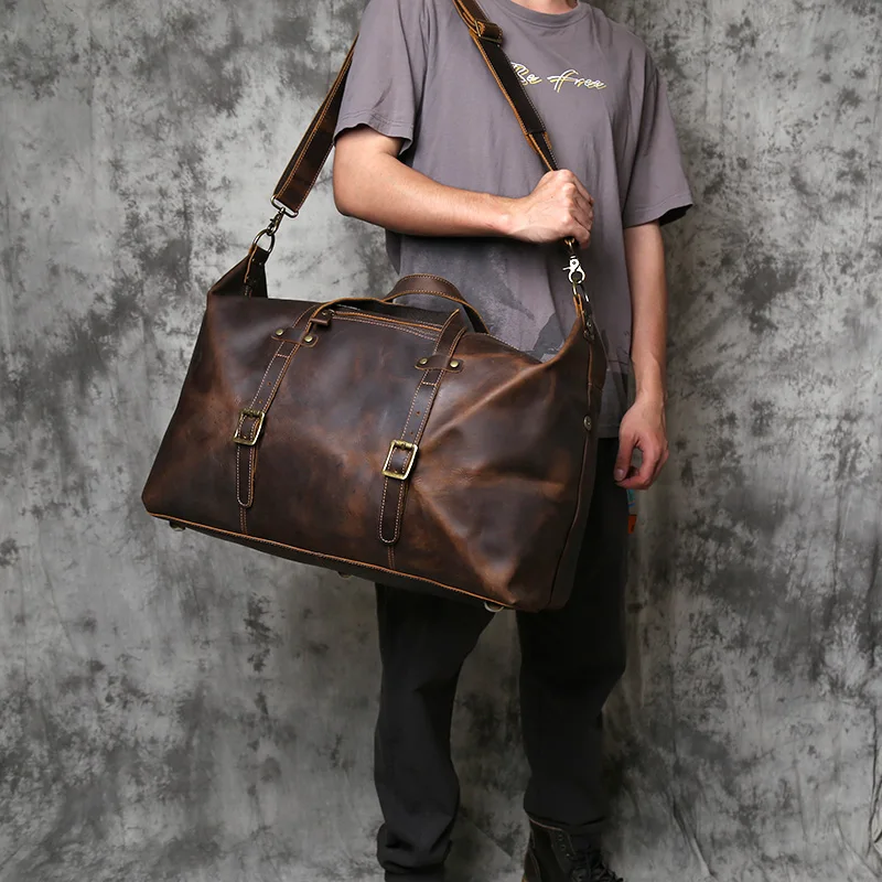 NZPJ Vintage Large Capacity Leather Travel Bag Men's Top Layer Cowhide Crossbody Handbag Crazy Horse Leather Luggage Bag