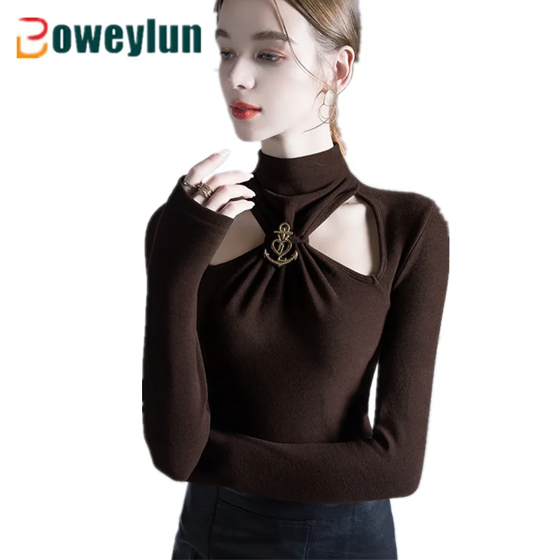 

Boweylun Double-Side German Velvet Metal Buckle Turtleneck Top Women Hollow Out Slim Sexy Bottoming Shirt Female Autumn Winter