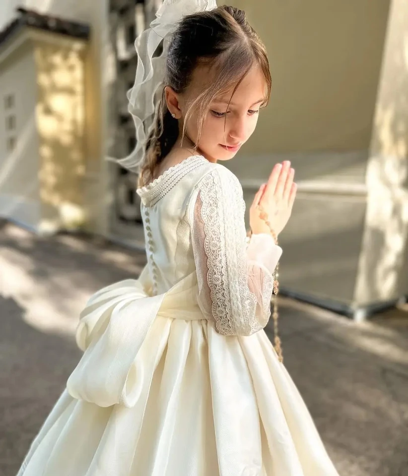 Flower Girl Wedding Dress White/Ivory First Communion Gown, Lace Appliques, Tulles & Satin Flower Girl Dress With Long Sleeves Flower Girl Wedding Dress White/Ivory First Communion Gown, Lace Appliques, Tulles & Satin Flower Girl Dress With Long Sleeves