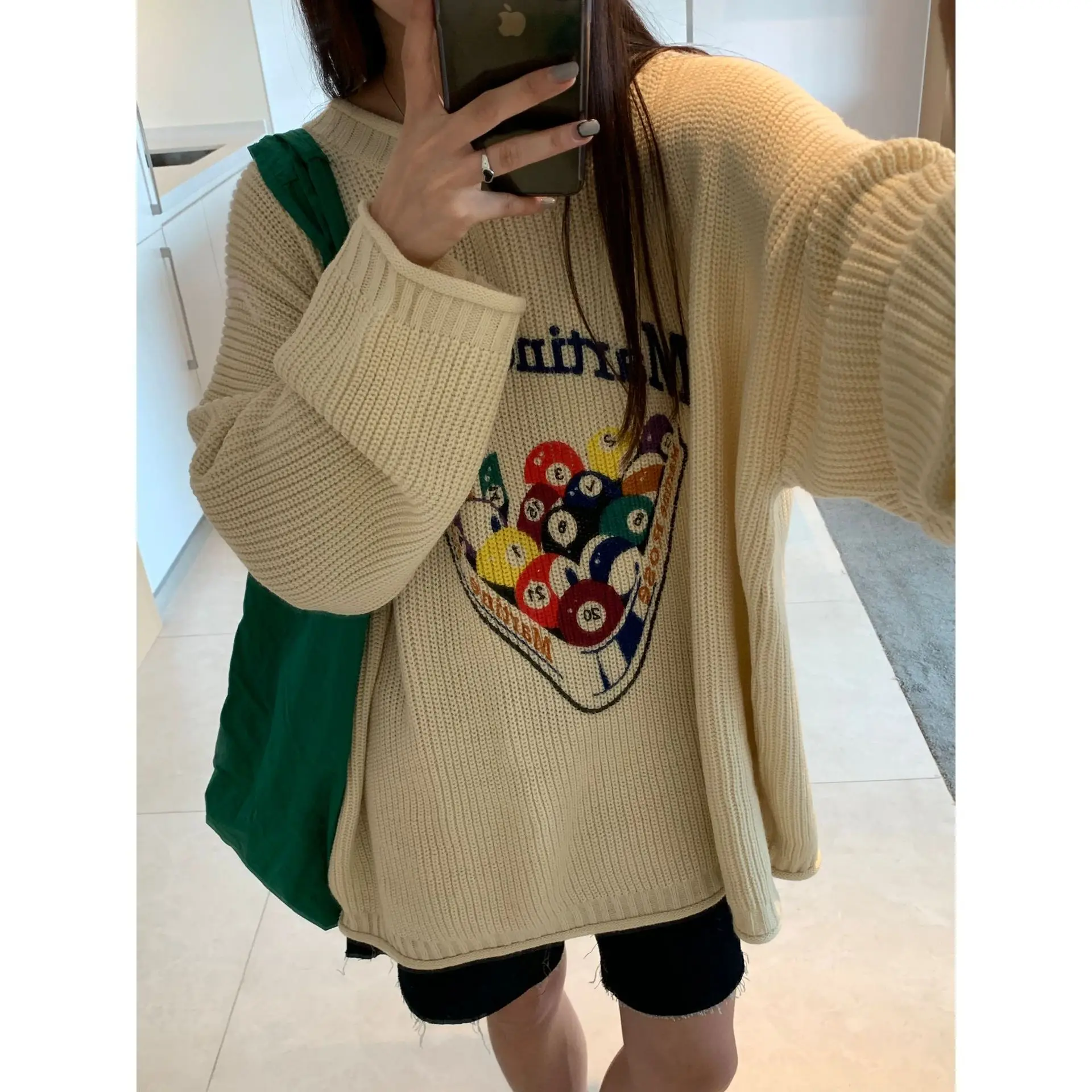

Casual Sweater Women's Pullover Loose Vintage Cartoon O-neck Cute Jacket Graffiti Billiard Knitted Pattern Fall Clothes