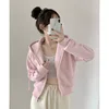 Pink Petite Sweatshirt Jacket Women's Spring Autumn 2024 New Style Hooded Loose-Fit Zipper Cardigan Cropped Top