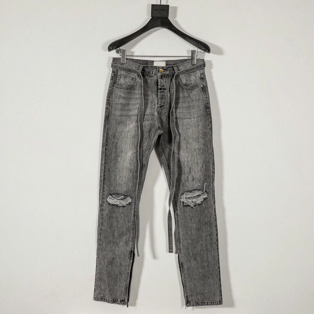 

Hip Hop Hole Destroy Essentials Washed Jeans Streetwear Trousers Ripped Justin Bieber Frayed Zipper Drawstring Denim Men Pants