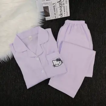 التطريز مرحبا كيتي منامة مجموعة المرأة خريف شتاء طويلة الأكمام سترة وبنطلون ملابس المنزل الكورية دعوى ملابس خاصة 2