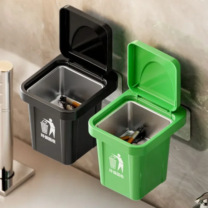 Trash can ashtray with lid stainless steel ashtray bathroom wall hanging notch anti-fly ash ashtray stainless steel ashtray metal ashtray