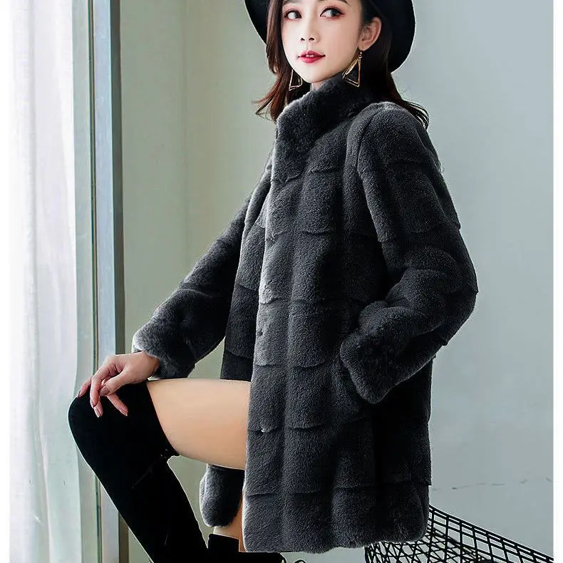 Imitation Mink Women's Standing Neck Coat Medium Long Korean Version Winter Warmth Thickened Long Sleeve Fashion Slim Fit Mink