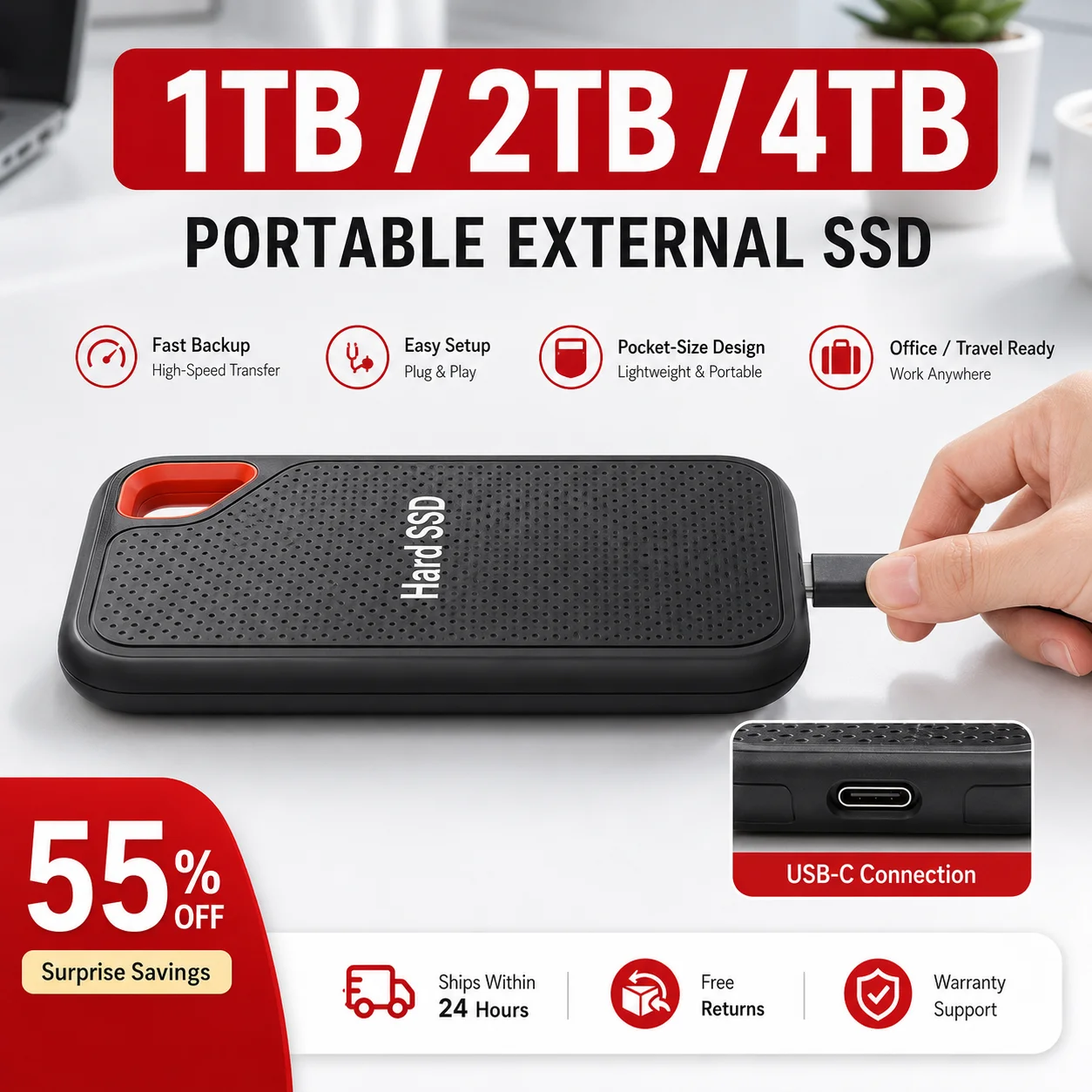 16TB Portable SSD External Hard Drive USB 3.1 Type-C High-Speed Data Storage for Laptop/Mac