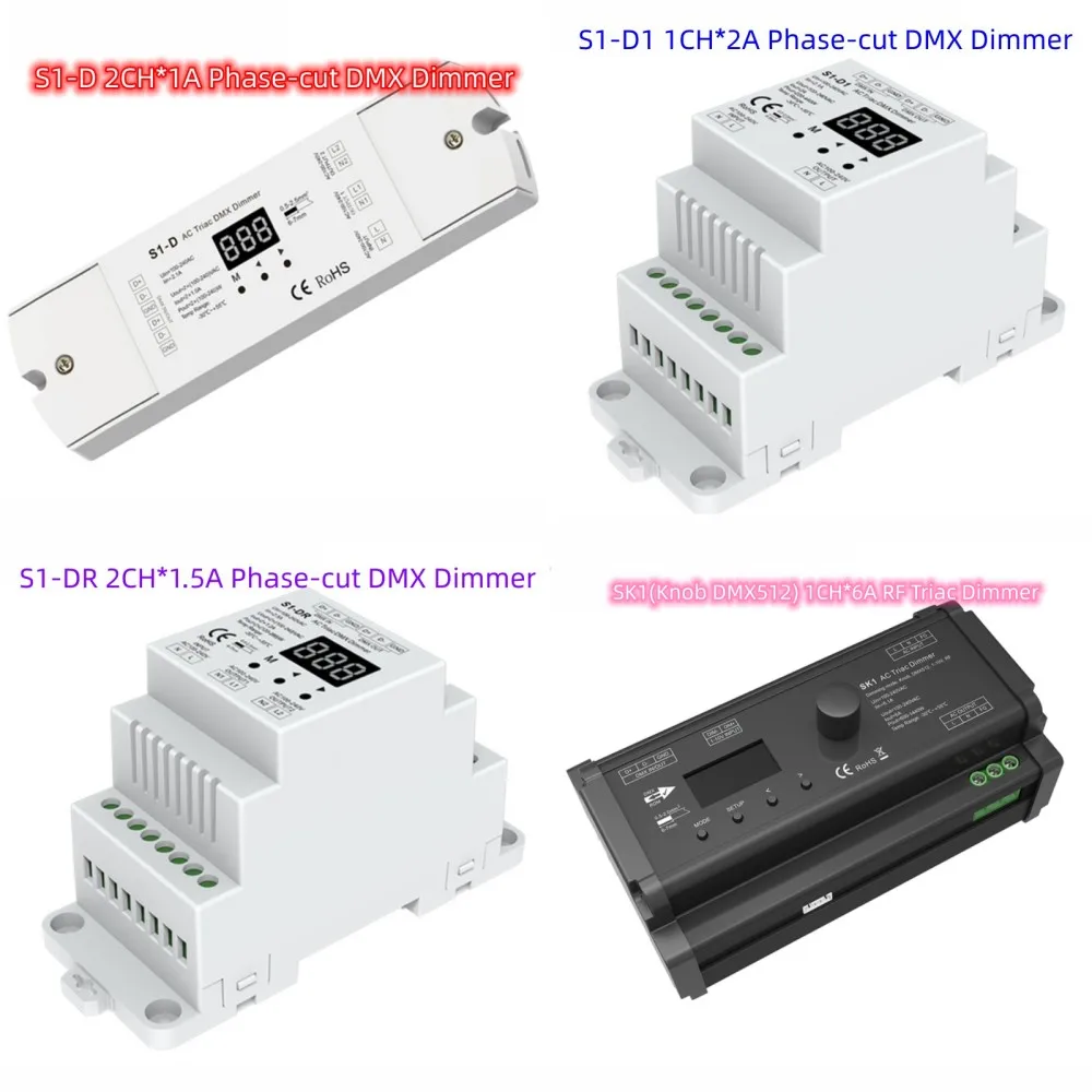 

S1-D(2CH*1A) S1-D1(1CH*2A) S1-DR(2CH*1.5A) SK1(1CH*6A Knob 1-10V Decoder) Led DMX RF Triac Dimmer For LED Dimmable Lamp Lights