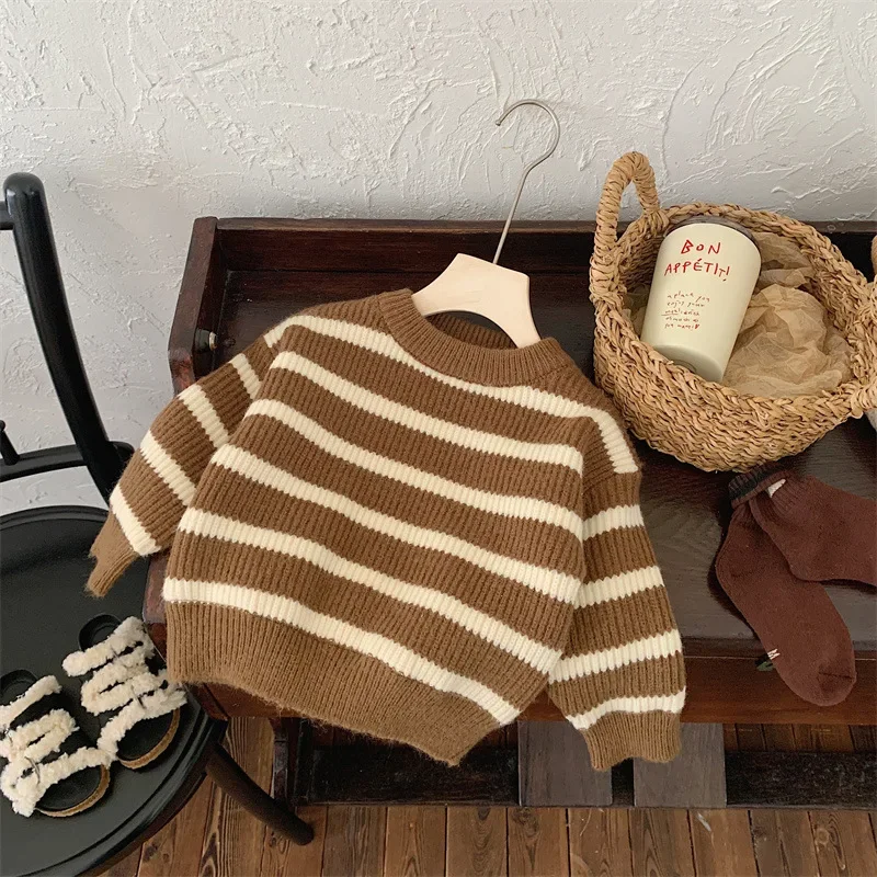 

Полосатый вязаный свитер для девочек, пуловеры, осенне-зимняя детская повседневная трикотажная одежда, Детские утепленные шерстяные свитера в полоску, топы