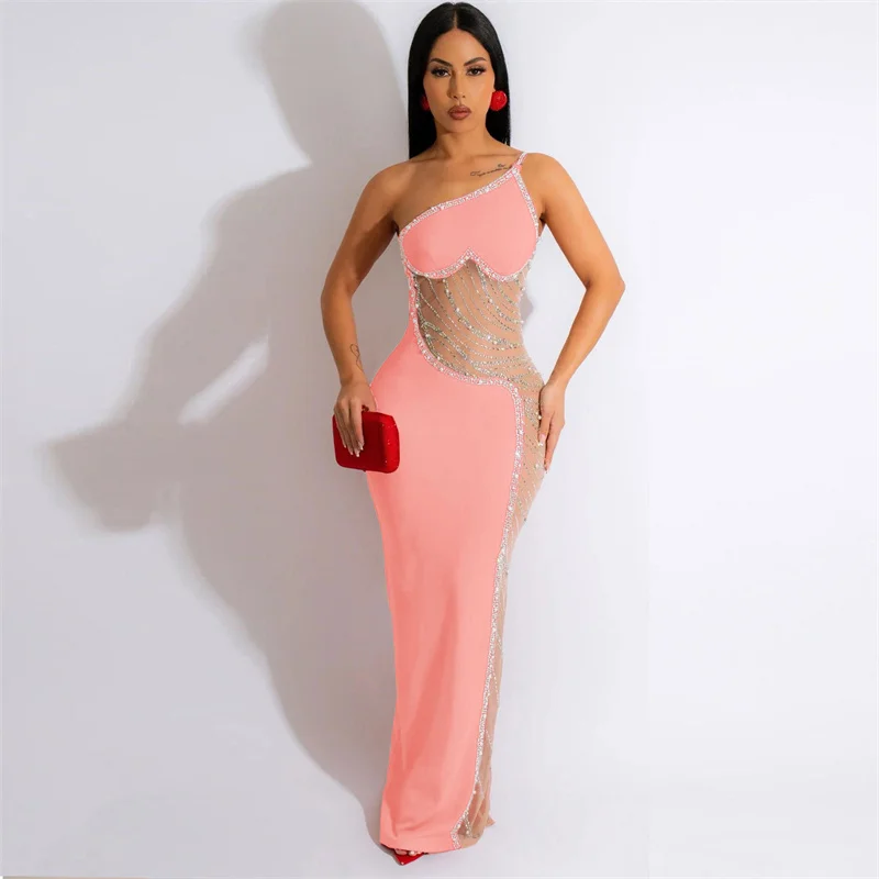 thumbnail image 1 of Vestido largo sexy con cristales y diamantes de imitación para mujer, elegante, de un solo hombro, de malla transparente, con retazos, para fiesta de noche y cumpleaños, 1 of 5