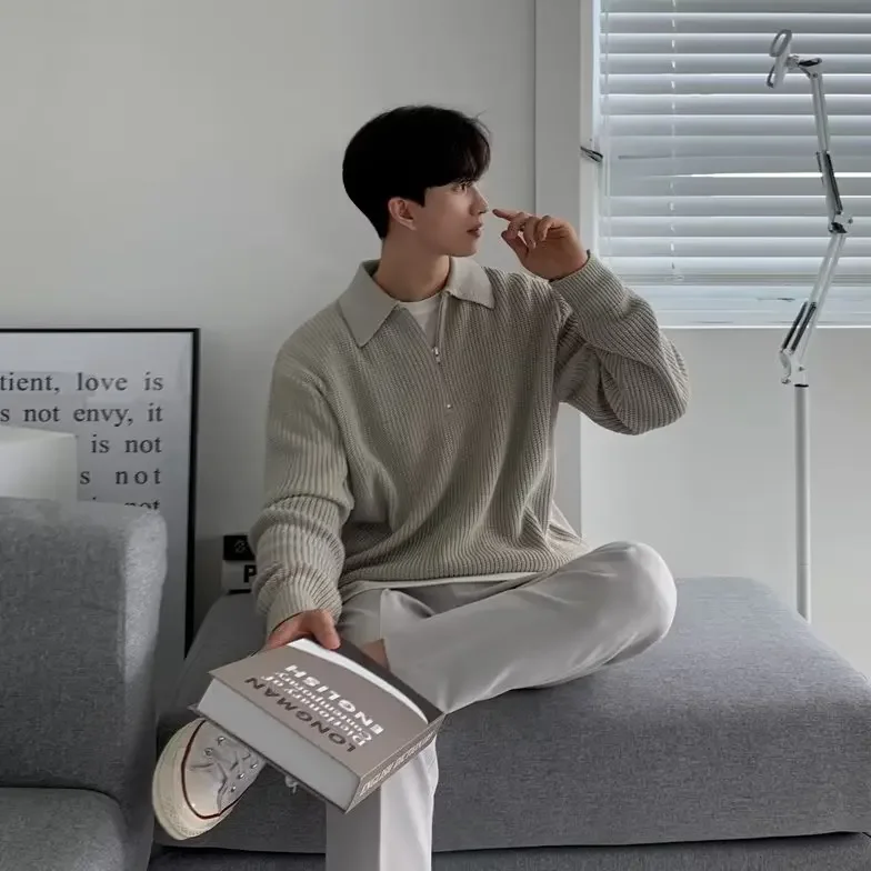 남성용 하프 지퍼 스웨터, 캐주얼 스타일, 일본 하이 엔드 느낌, 게으른 옷깃 니트 탑, 가을 및 겨울 루즈핏