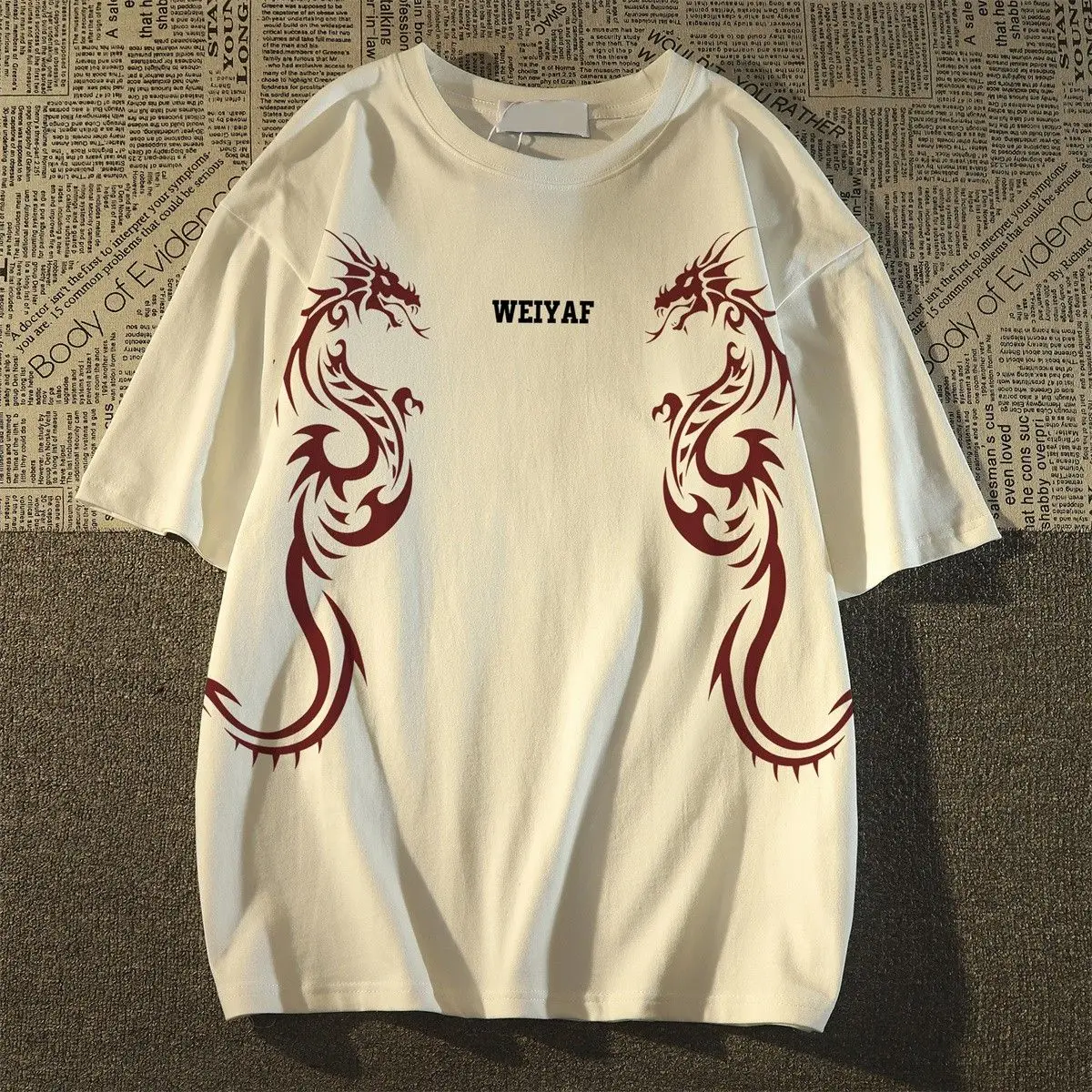 

American retro dragon totem printing short-sleeved womensand men summer national tide street couples loose half-sleeved ins top