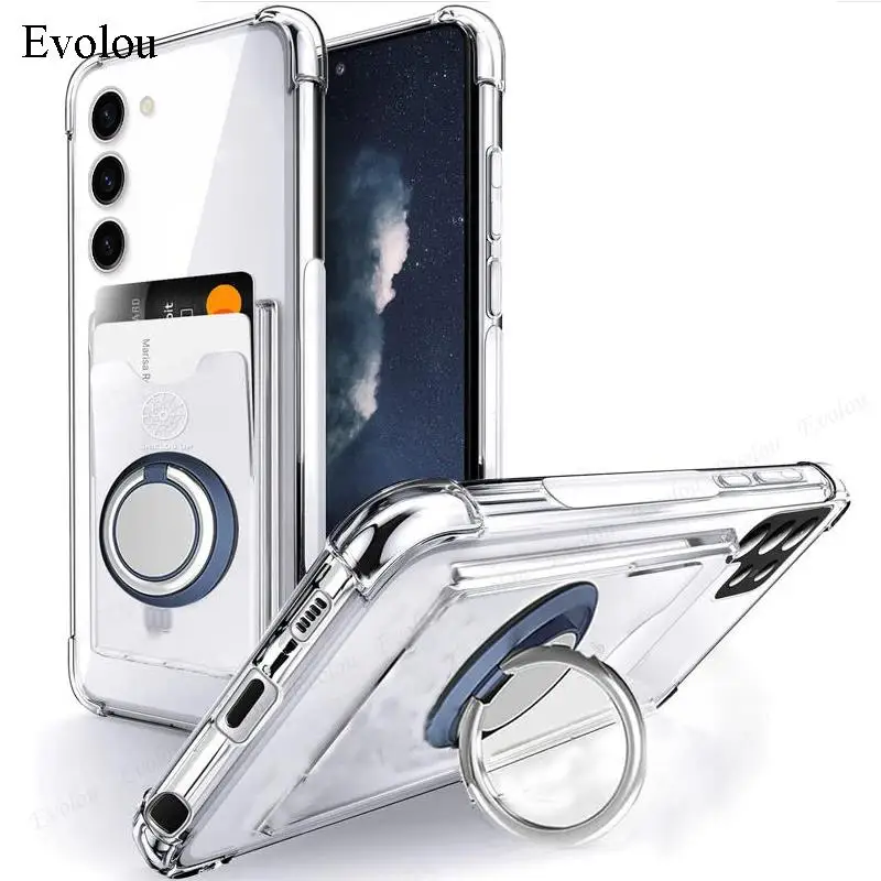 Transparent Phone Case with Wallet Card Slot and Ring Stand Holder - Soft Silicone Back Cover