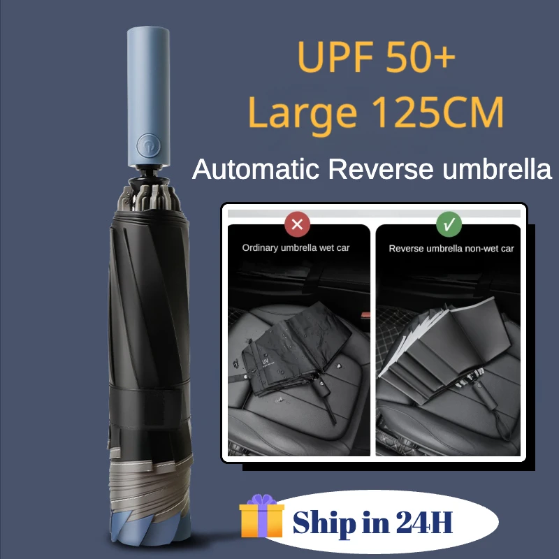 

125CM Super Large Reverse Umbrella for Men,10 Bone 3 Folding,Waterproof Rain and Sunshade Big Umbrellas Safety Reflective Stripe