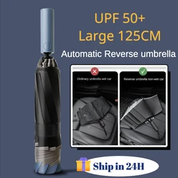 125CM Super Large Reverse Umbrella for Men,10 Bone 3 Folding,Waterproof Rain and Sunshade Big Umbrellas Safety Reflective Stripe