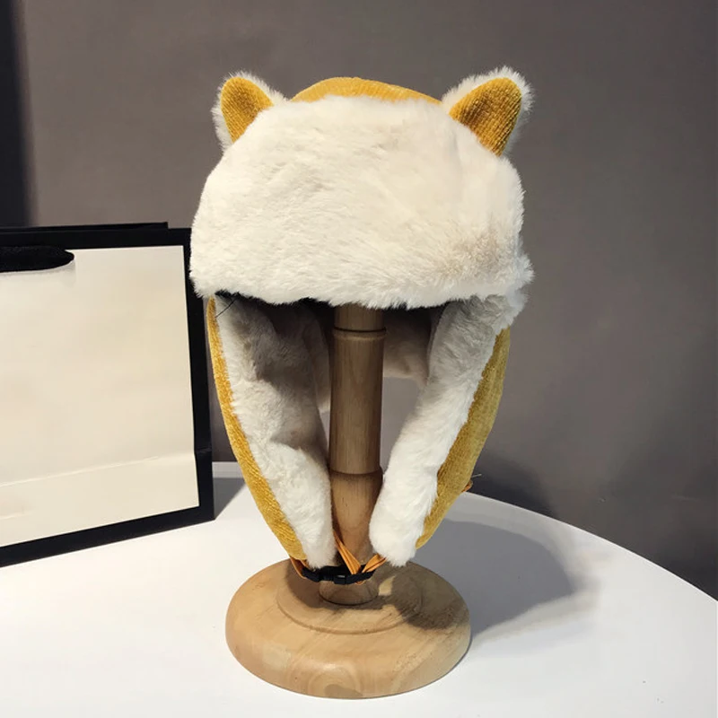 Winter Hat Fur Hat Knitted Earflap Hat Women Warm Earmuffs Thicken Wool Ear-flapped Hat Winter Cold-proof Warm Cotton Hat Cat Ears Cap Winter Unisex Russian Bonnet