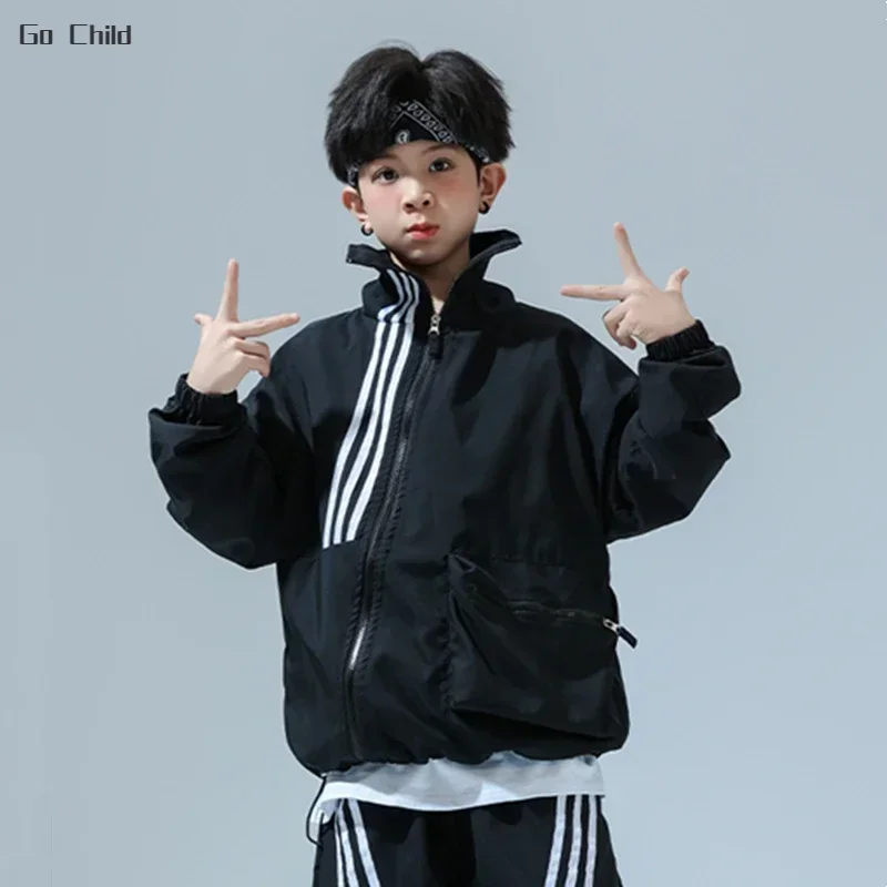 Hip Hop Girl High Collar Bomber Jacket Cargo Sport Pants Boy Street Dance Coat Streetwear Kids Jazz Outfits Child School Uniform hip hop kids outfit