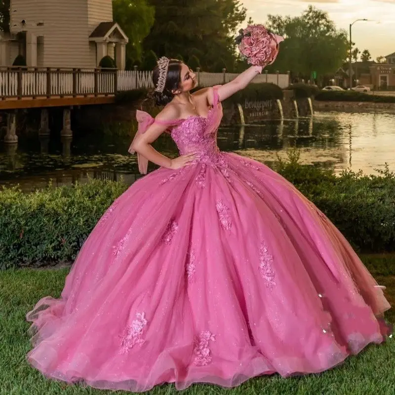 Hot Pink Quinceanera Dresses Ball Gown Applique Beading Mexican Corset Sweet  16 | eBay