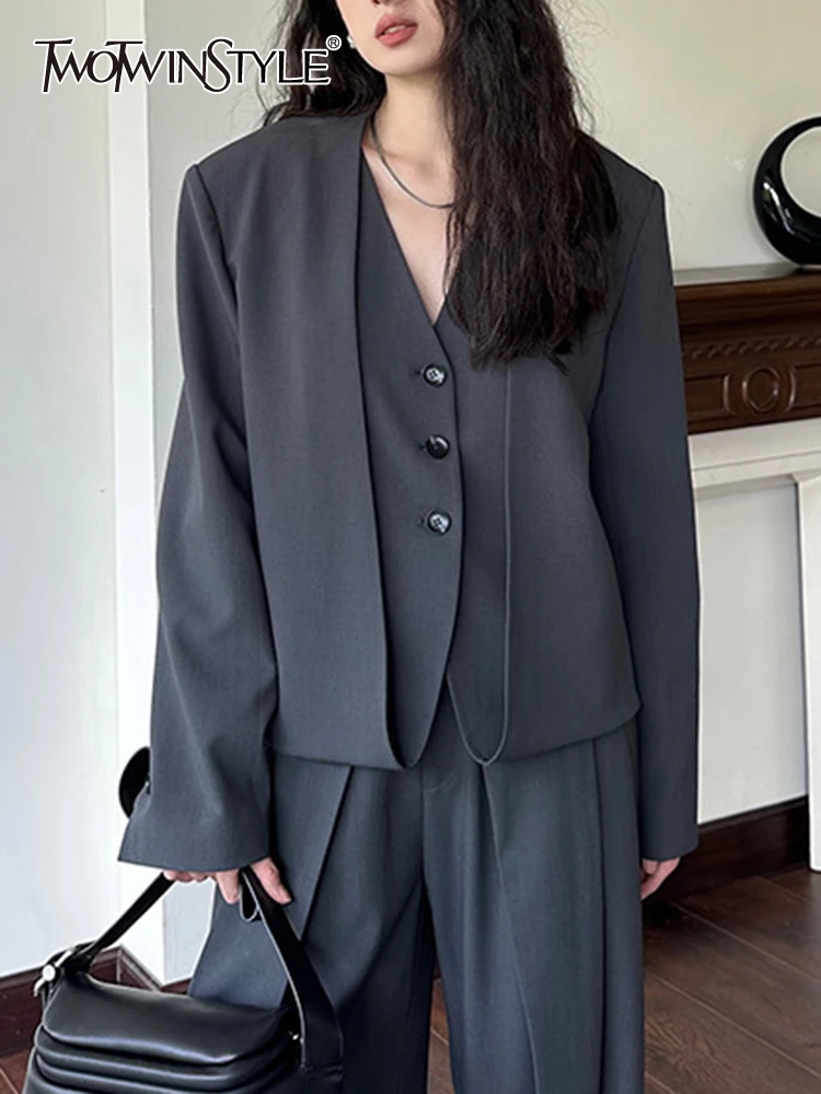 

TWOTWINSTYLE Solid Casual Blazers For Women V Neck Long Sleeve Patchwork Single Breasted Temperament Blazer Female Fashion 2023