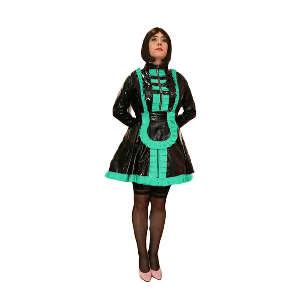 Sissy Fetish PVC Maid Dress Long Sleeve Ruffles Apron Maid Dress Outfit ...