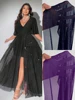 New Plus Size Sexy Deep V-Neck Mesh sequins A-line Hem Stitching Lining Dress Retro Flared Sleeve High Slit Skirt Evening Dress