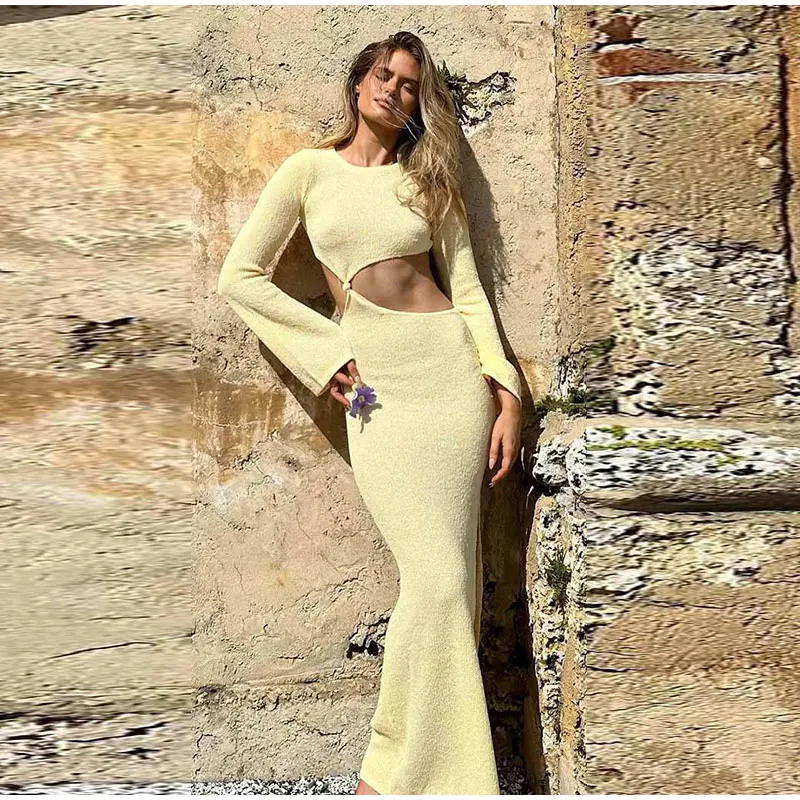 Sexy Knitted Hollow Out Long Dresses Women Casual Solid Slim Fit O-neck Slit Maxi Dress Sun Protection Female Summer Beach Party